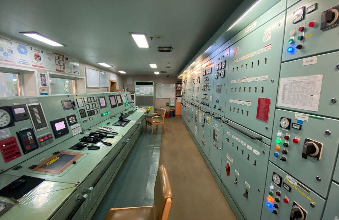 Ship main switchboard and electrical control room with distribution panels and instrumentation on a commercial vessel
